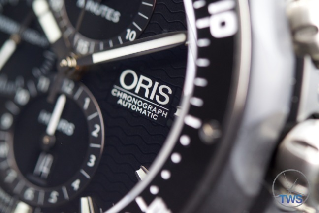 Unboxing Review: Oris ProDiver Chronograph 01 774 7683 7154-Set1 Side view of Oris ProDiver Chronograph with focus on applied 'Oris Chronograph Automatic' markings. © 2016 blog.thewatchsource.co.uk ALL RIGHTS RESERVED