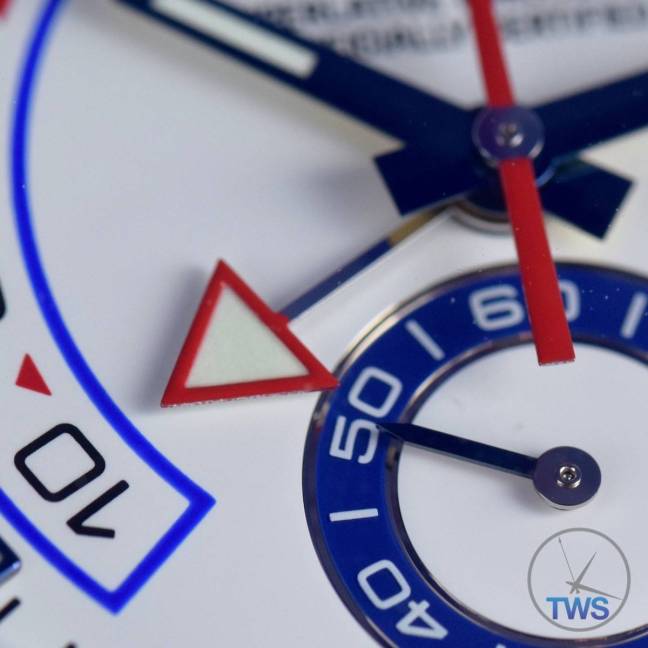 Sub-Dial and Regatta Chronograph triangular hand close up - Rolex Yachtmaster II- Hands-On Review [116680]