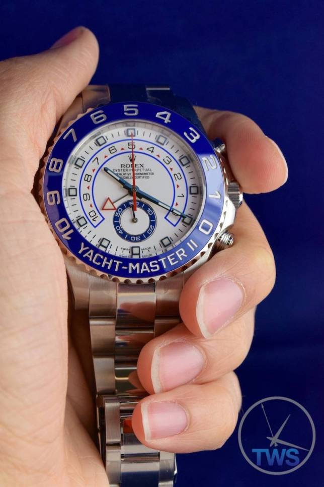 Watch held up in hand - Rolex Yachtmaster II- Hands-On Review [116680]